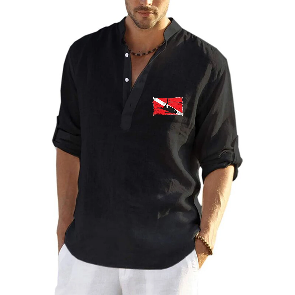 Vintage Scuba Diving Flag Men's T Shirt Long Sleeved Casual Men's Lapel Long Sleeved Shirt Business Casual Commuting Versatile