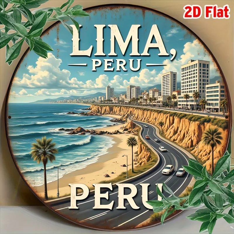 2D Flat - One-Piece Vintage Metal Wall Art Depicting The Coastal City of Lima, Peru in a 2D Flat Design - a Rustic Aluminum Deco