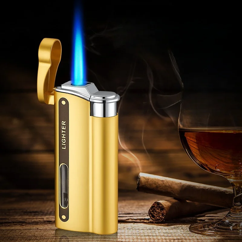 Metal Jet Blue Flame Gas Lighter Windproof Portable Visible Window Turbine Torch Lighter for Men's Gift Cigarette Accessories