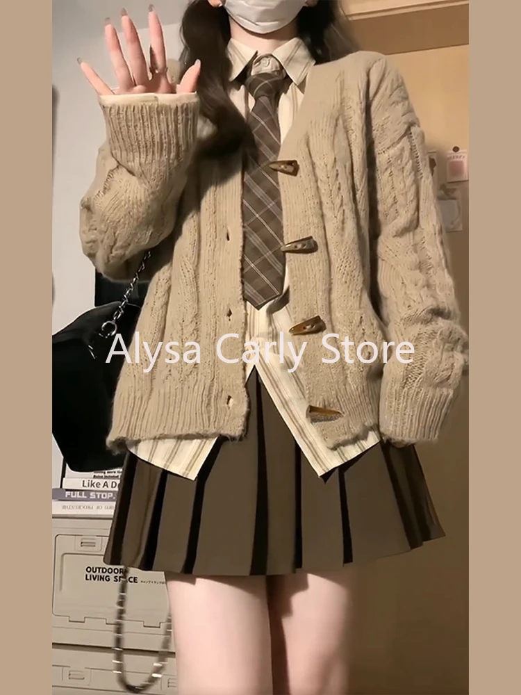 Japanese Preppy Style Coffee Knitted Sweater Women Loose Long Sleeve Button Thick Cardigan Winter Casual Vintage Warm Tops Coat