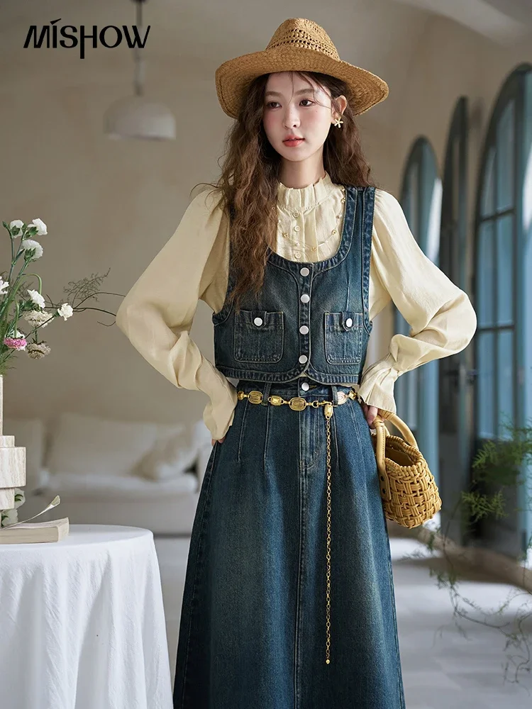 MISHOW French Retro Layered Denim Fashion Separately Women 2024 Spring U-Neck Vest Solid Shirt Skirt Office Lady MXD14W0347