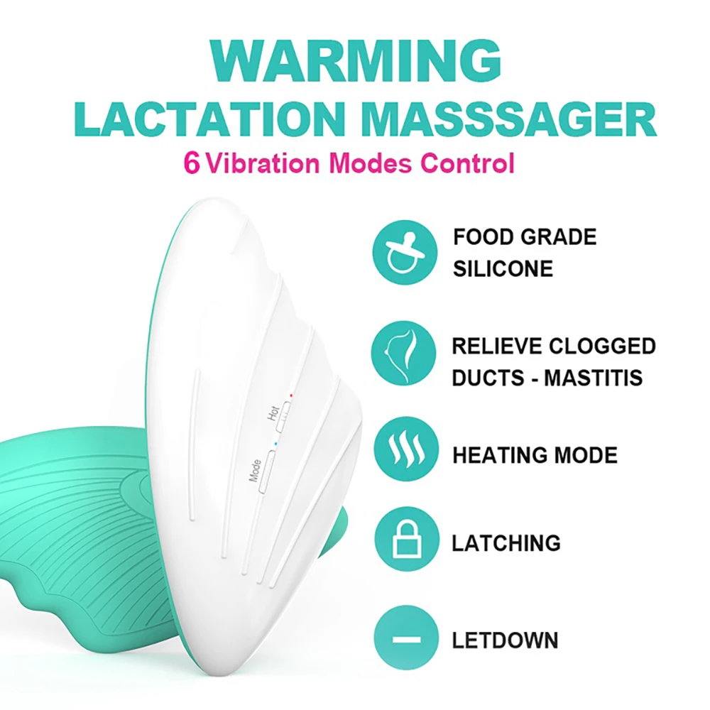 Warming Lactation Massager Soft Silicone Electric Breast Massager for Breastfeeding 6 Vibration Modes + 3 Levels Warming Modes