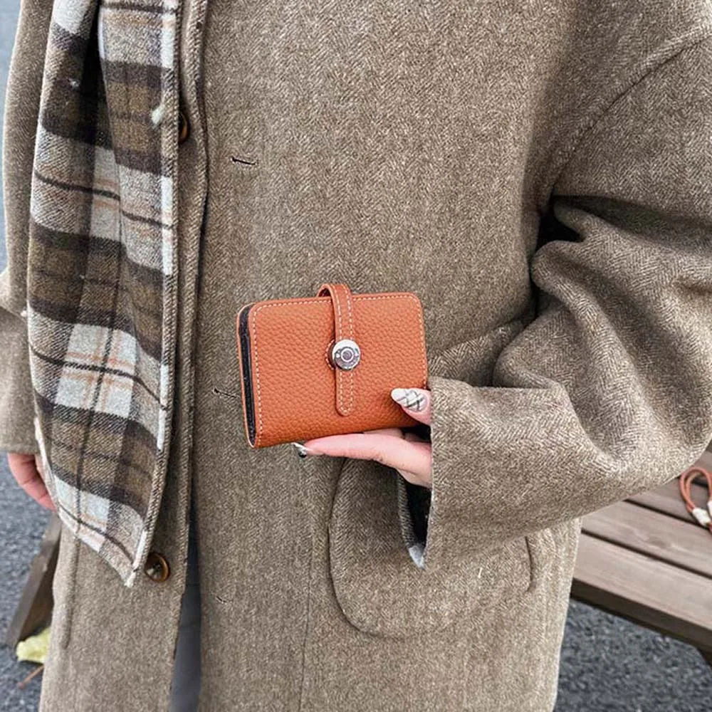 

Portable Lady Short Organ Wallet Snap Button Classic Style Soft PU Purses Anti-Splash Water Solid Color Multiple Card Bag Women