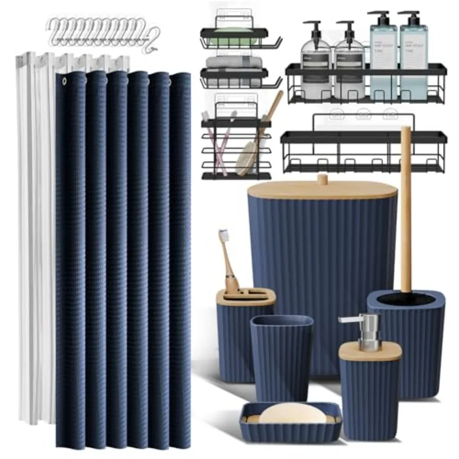 

Bathroom Accessories Set - Bathroom Set with Adhesive Corner Shower Caddy Hanging 25PC Bathroom Accessory Set Shower Curtain Se
