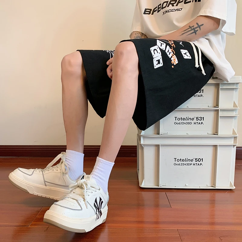 

American Sle Baskeall orts Men's Summer Thin Pure Cotton Five-Quarter Loose Casual Sports Pants Bla Trendy Youthwear