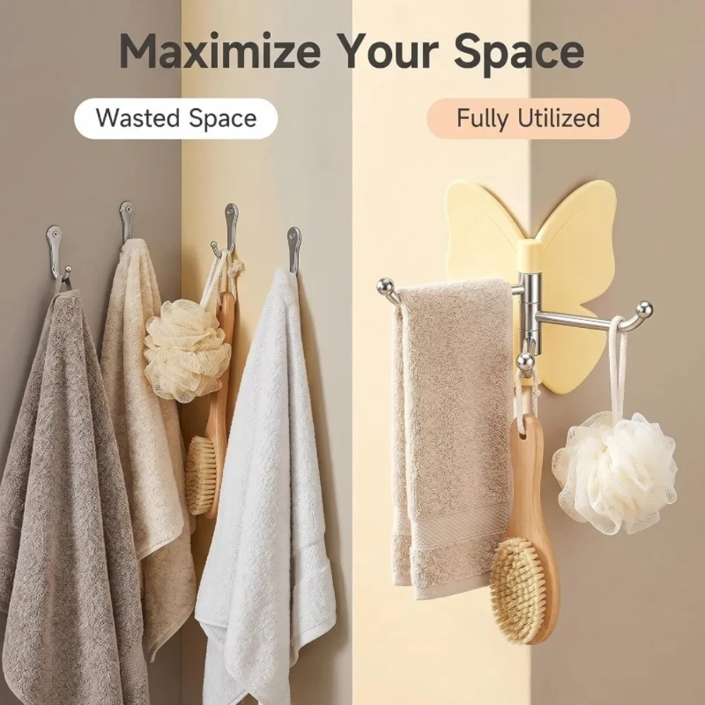 4pcs Rotating Butterfly Wall Hook with No Drilling Adhesive Rotating Hook Adjustable Wing Hook Hanging Towels and Kitchenware