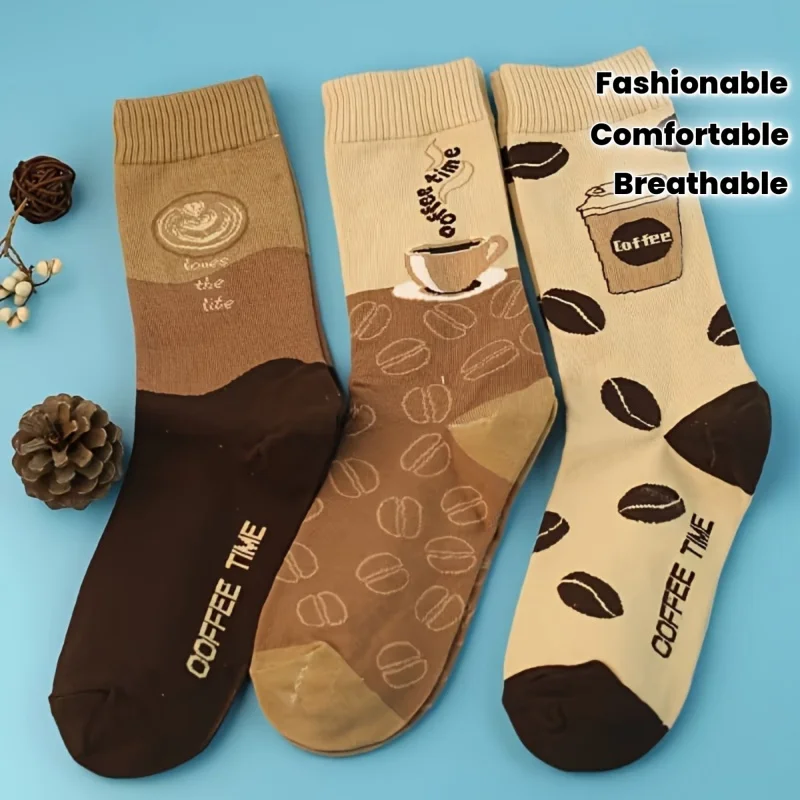 Herren-Baumwollsocken mit Kaffee-Motiv, mittellang, im 2er-, 3er- oder 5er-Set, atmungsaktive, feuchtigkeitsableitende Socken, beste Geschenke für Kaffeehäuser
