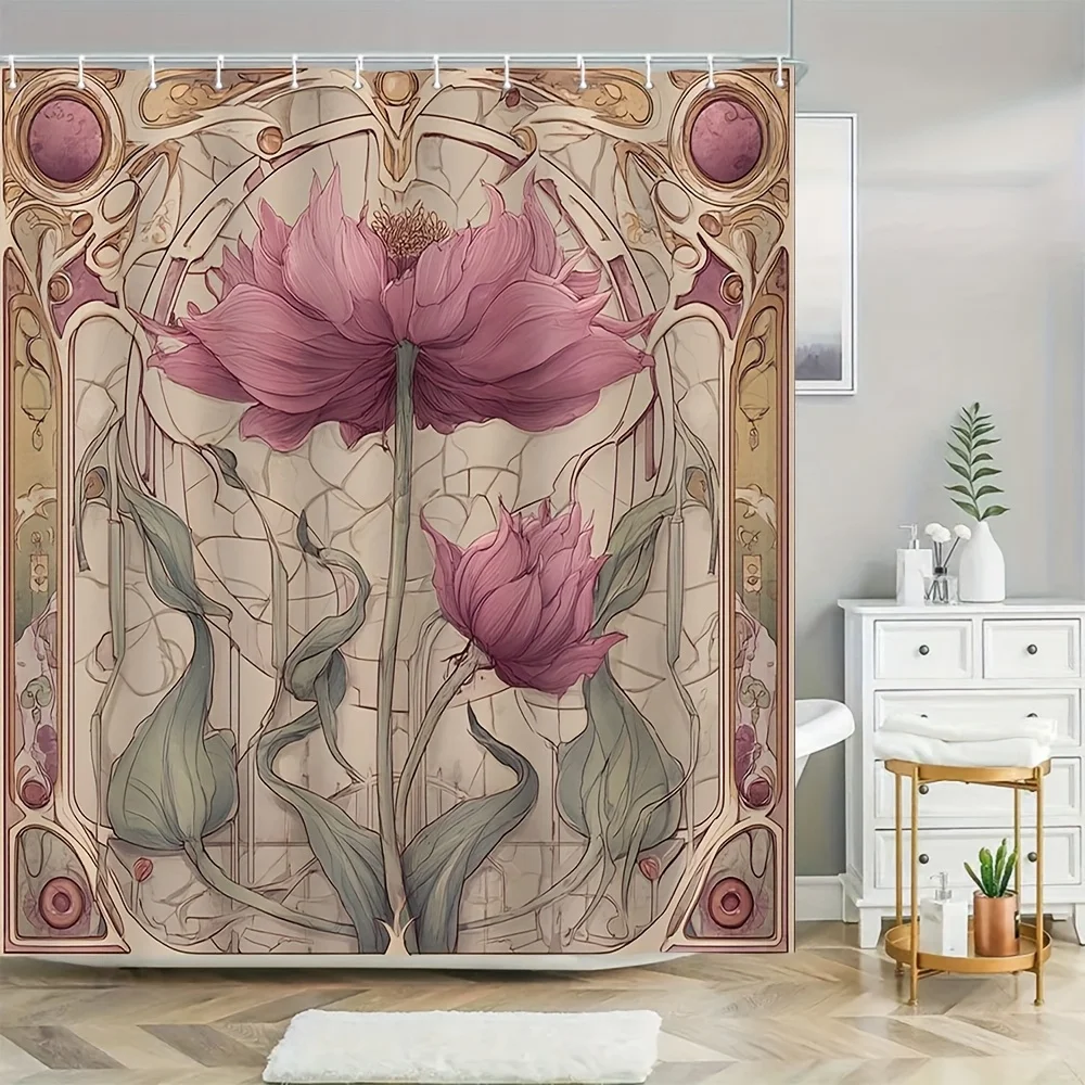 art nouveau pink shower curtain with hooks easy hang bathroom partition home decor all season Can be used as a partition