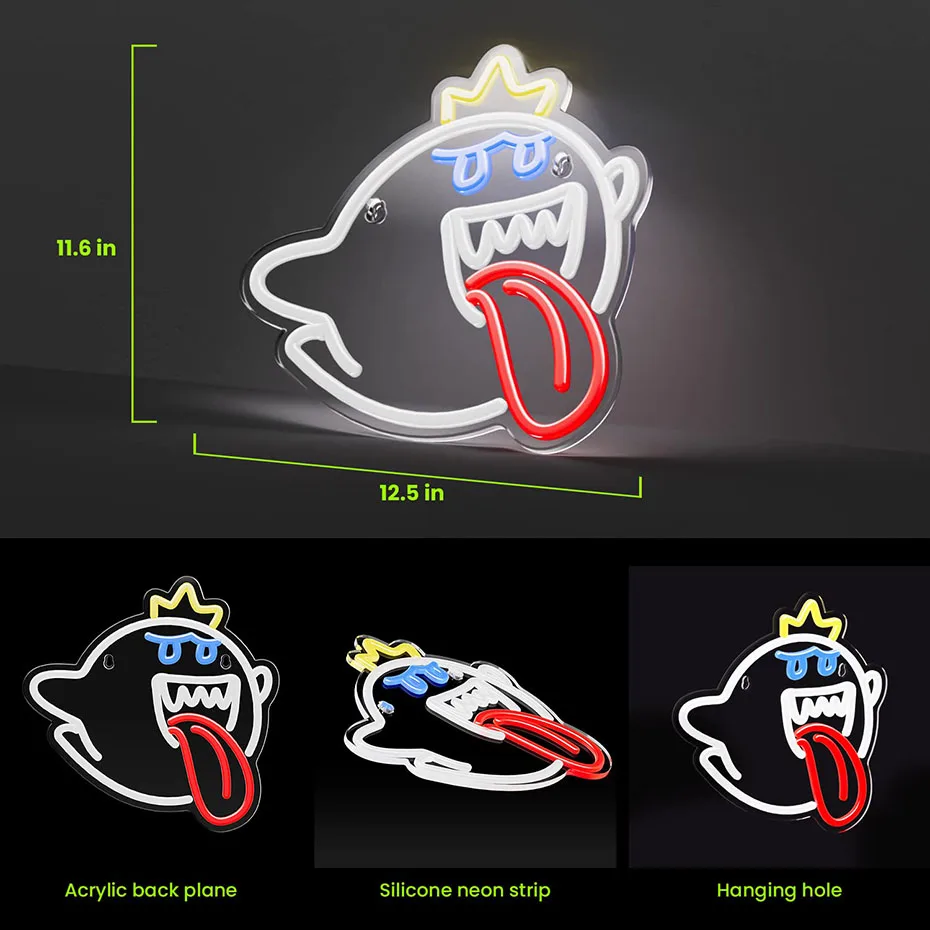 Neon Sign King Boo LED Neon Light Mario Lamp Acrylic Sign for Game Room Decor Gaming Light Accessory Gifts for Boy Room Decor