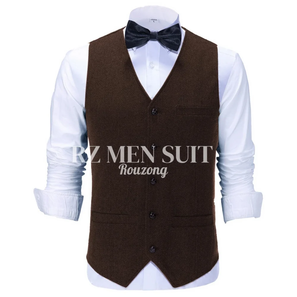 

Men's V-Neck Suit Vests Slim Fit Casual Business Formal Herringbone Tweed Wool Waistcoat Wedding Groomsmen Suit Vest