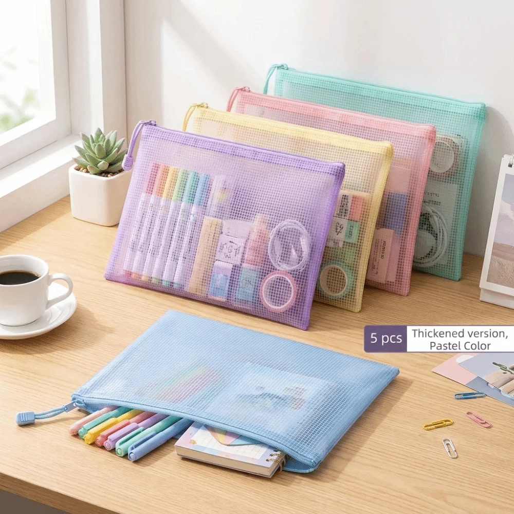 New A4 Size Mesh Zipper Bags Clear Macaron Color Plastic File Organizer Grid Morandi Color File Pouch School - view 3