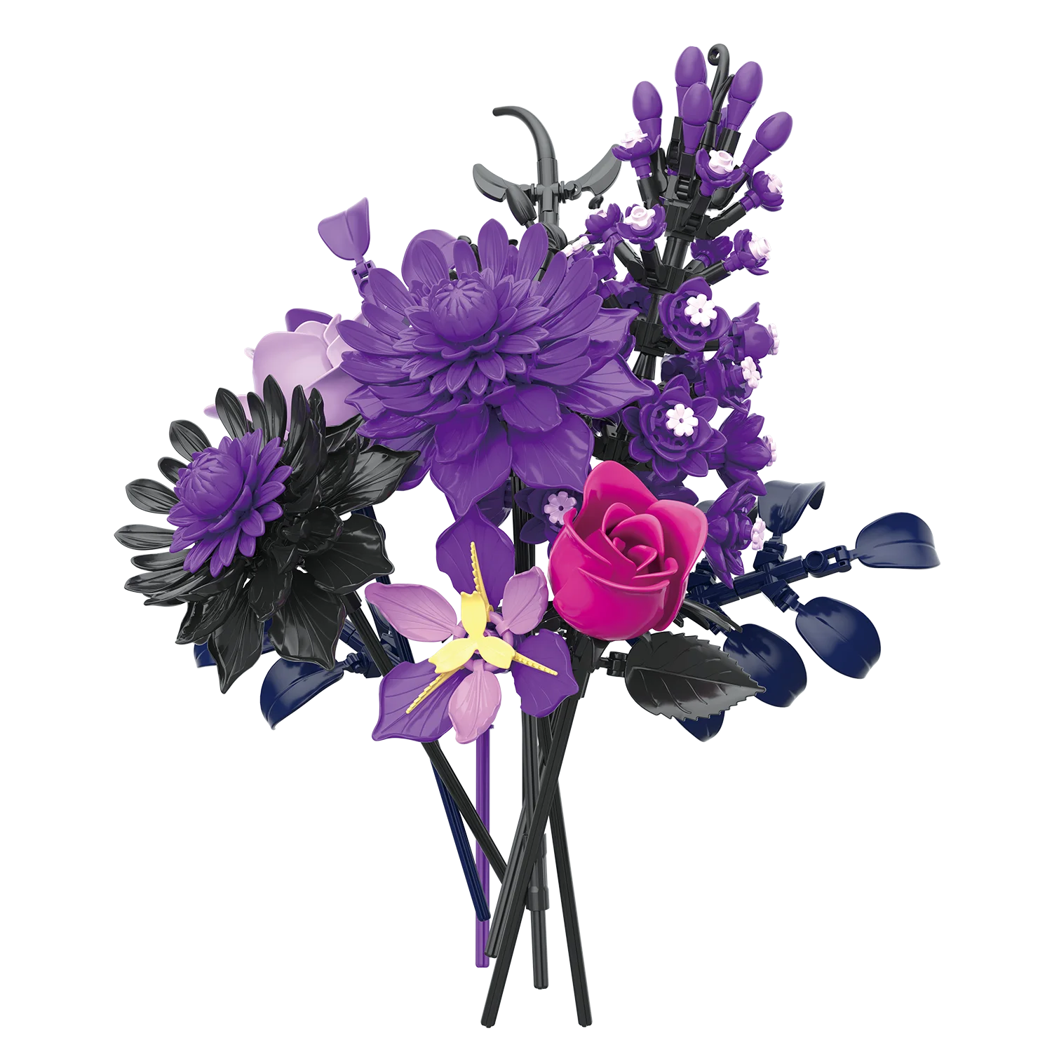 Bouquet di rose nere viola Set di blocchi di fiori Collezione botanica Decorazione domestica gotica Modello di mattoni Giocattolo per regalo per adulti