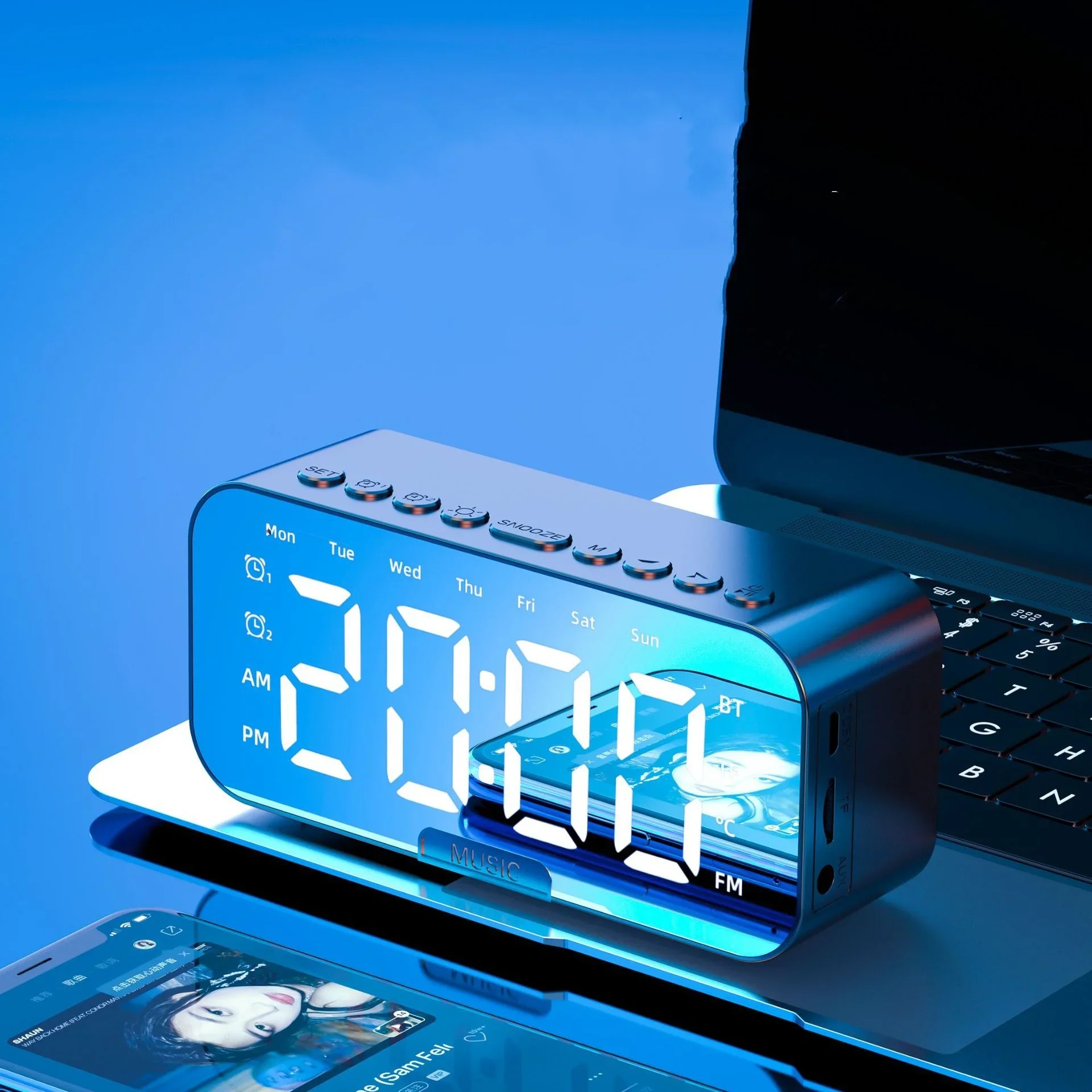 Desktop Electronic Alarm Clock Bluetooth wireless audio mini LED mirror digital clock mobile phone speaker gift stereo FM radio