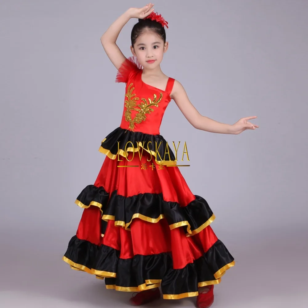 Red Belly Dance Dress Kids Girls Spanish Flamenco Costume Ballroom Tribal Dress With Head Flower