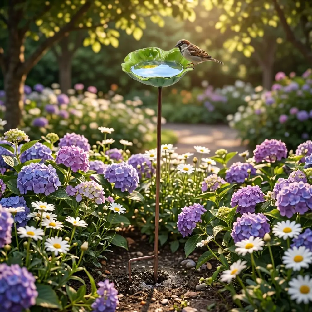 Metal Bird Bath Stand Ground Insert Flower Shaped Garden Insect Birdbath Colorful Iron Art Bee Butterfly Watering Station