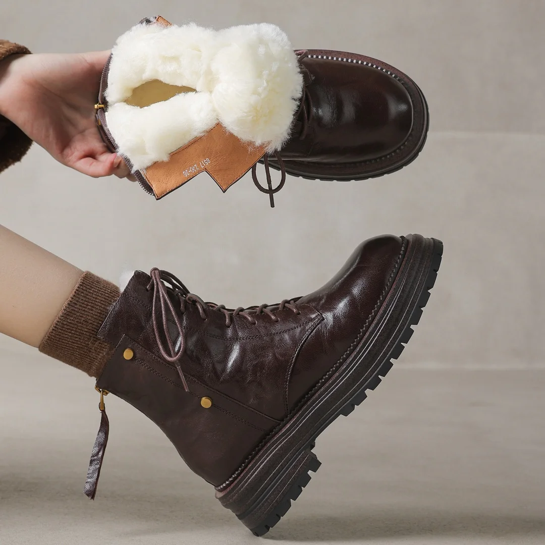 

Women's genuine letter lace-up back zip wool inside thick sole platform flat winter ankle snow boots punk motorcycle short boots