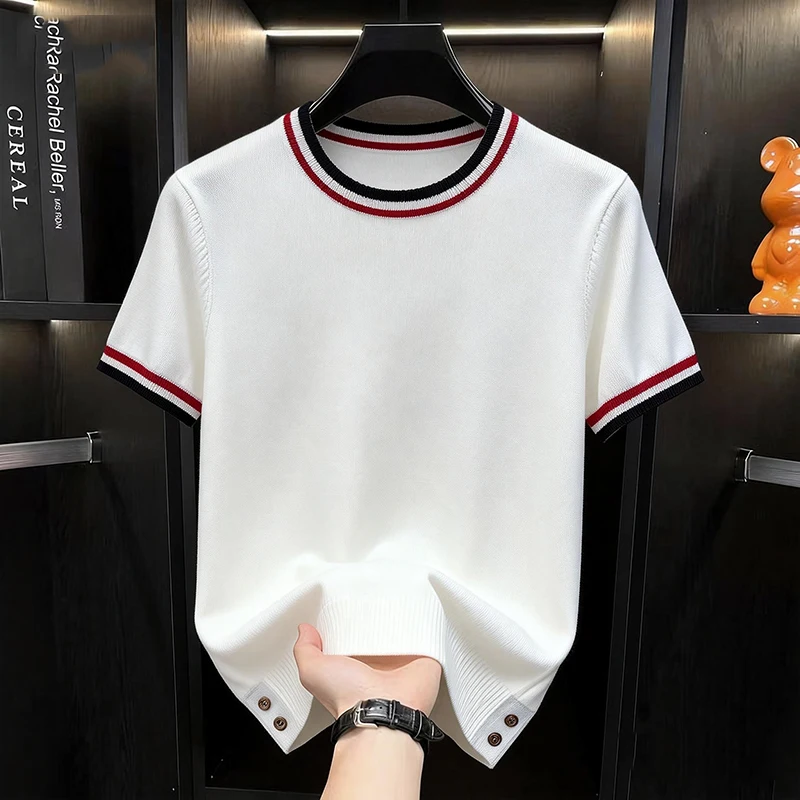 Summer Light Luxury High-end Men's Ice Silk Short Sleeved T-shirt Fashionable Striped Edge Round Neck Thin Knit Half Sleeve Base