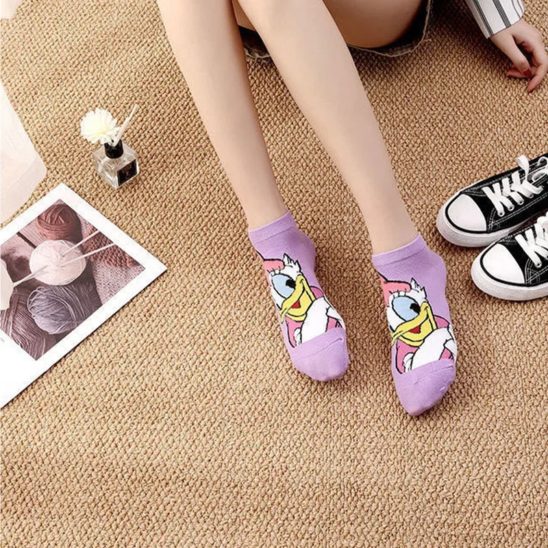 5pairs/set Disney Mickey Mouse Short Woman Socks Anime Donald Sweat Summer Cotton Girl Women\'s Boat Socks Ankle Low Female Sock