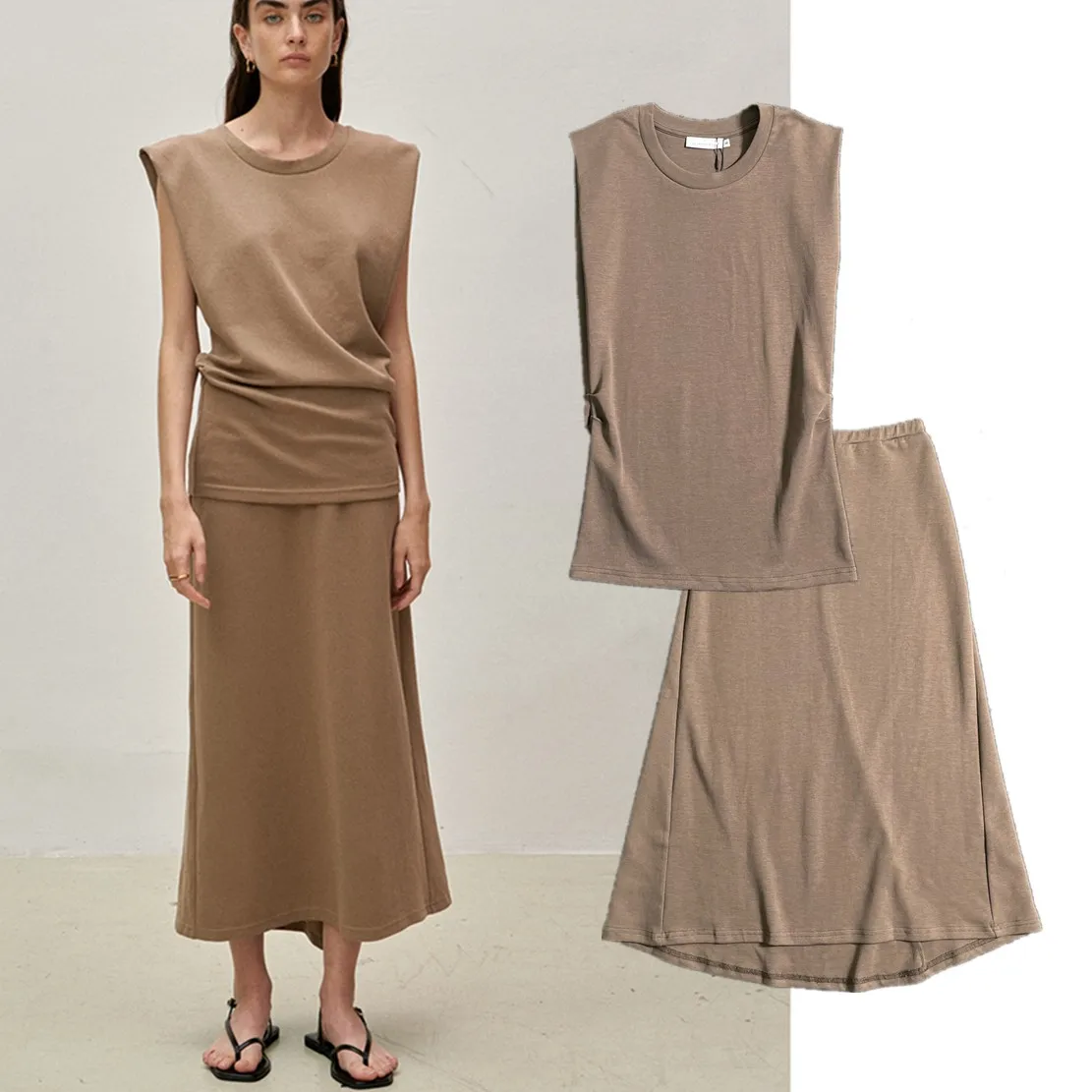 

Jenny&Dave Minimalism Fashion Pleated Round Neck Cotton Tshirts Casual Midi Skirts Women Sets Casual Clothes