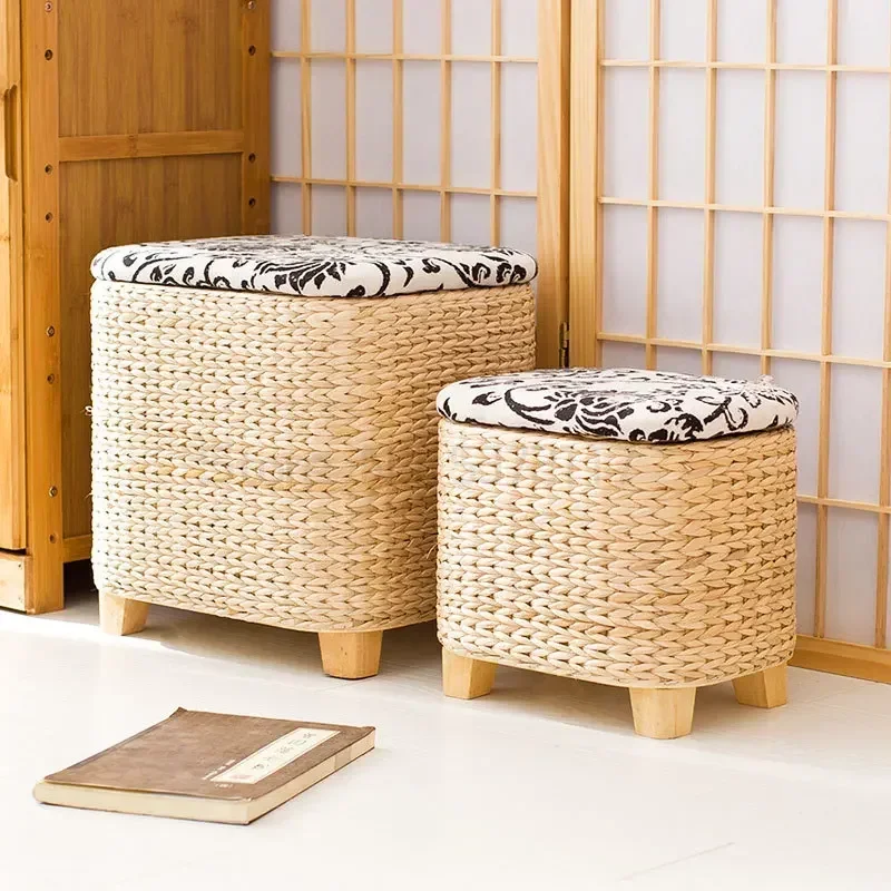 Solid Wood Rattan Storage Stool, Rattan Shoe Bench, Sofa Stool for Makeup