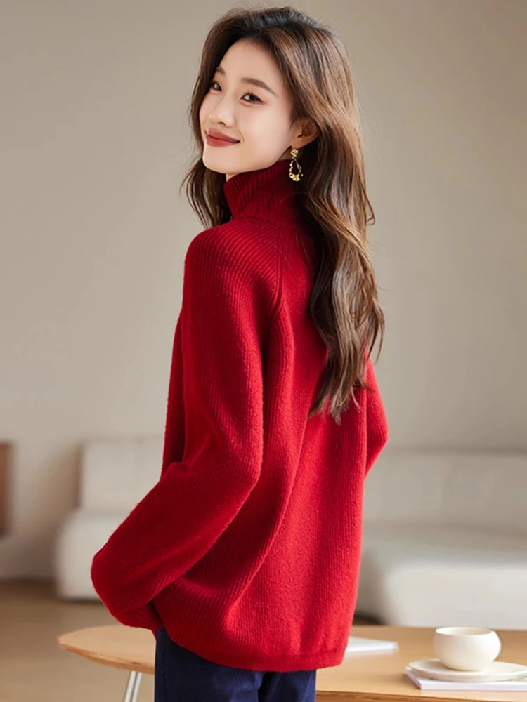 Nuevo Mujeres Otoño Invierno Suéter Rojo Moda cremallera de cuello alto de manga raglán holgada de punto jersey Casual Patchwork Suéter