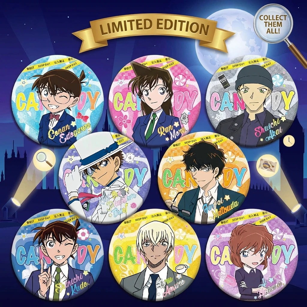 Detective Conan Sweetheart Serie Haustier Doppel-Flash-Abzeichen Alle Charaktere Neues Design 75mm 58mm Weißblech