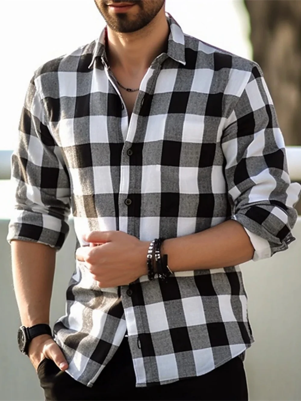 Men's Shirts Solid Color Checkered Design Shirt Spring and Autumn Casual Long Sleeved Shirt Loose Lapel Top Simple Man Clothing
