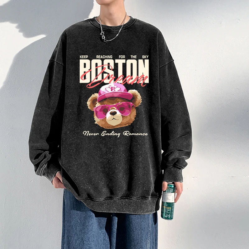 Boston Cartoon Little Bear Print Distressed Retro Washed Hoodies Male Fashion Street Sportswear Warm O-Neck Casual Soft Pullover