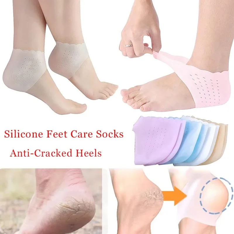 1pair Silicone Feet Care Socks Anti-Cracking Moisturizing Gel Heel Thin Socks Lace Heel Cover with Hole Foot Skin Care Protector