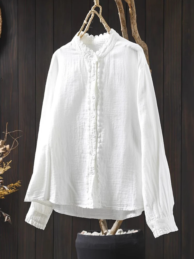 

2025 Spring Vintage Style Stand Collar Lace Female Basics Tops Shirts M384 100% Cotton Long Sleeve White Shirt Women New Arrival