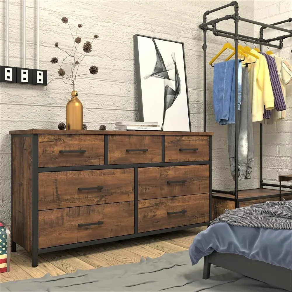 7 Drawer Dresser,for Bedroom, Industrial Wood Storage Dressers & Chests of Drawers with Sturdy Steel Frame,Dressers