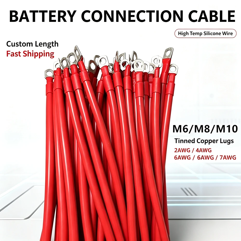 Soft Car Battery Wire Silicone Cable With M6 M8 M10 Lug Red Black 8 6 3 0 4AWG Electrical Wire for Auto RV Solar Panel Inverter