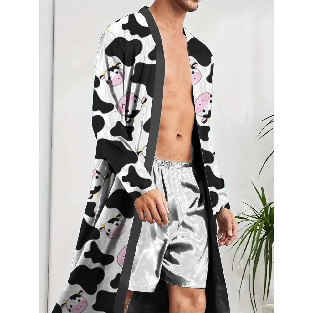 Men's Fast Drying Trend for Long Robes, Fun Home Entertainment with Cow Pattern Digital Printed Nightgowns for Casual Wear.