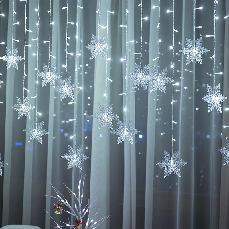 Nuevas luces navideñas de cortina con forma de copo de nieve, guirnaldas de luces LED intermitentes impermeables para decoración de árbol de Navidad, fiestas navideñas, bodas