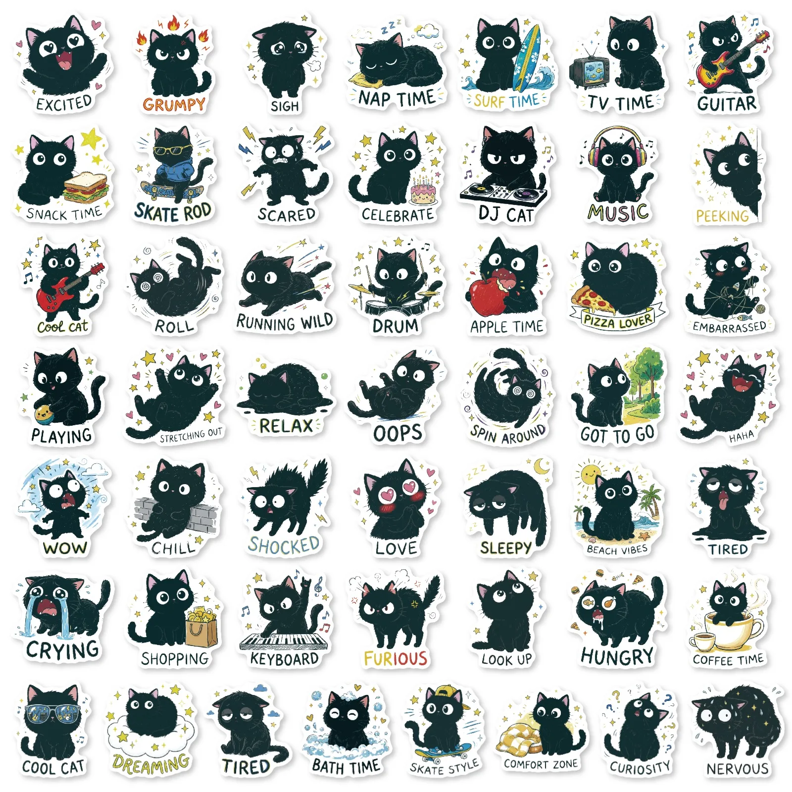 50PCS Cute Emotional Black Cat Stickers Various Mood Expression Kitten Decorative Stickers Scrapbook Journal Planner Accessories - view 6