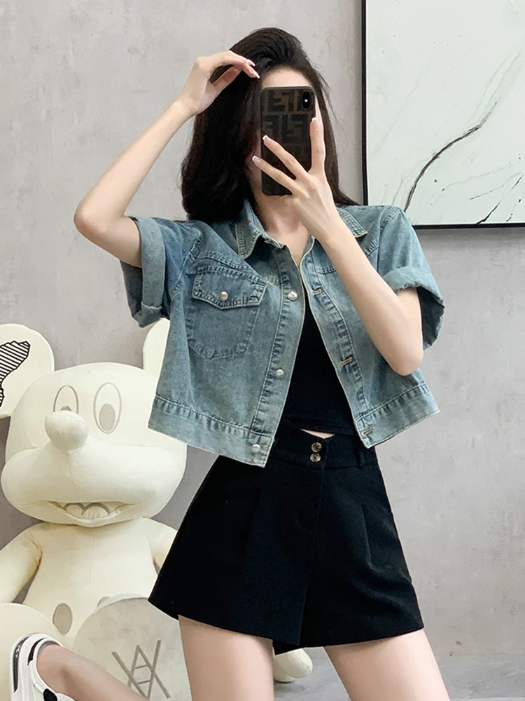 Fashion Ins Thin Summer Short Denim Jackets Women Slim Casual Single-Breasted Jeans Short Sleeve Jeans Coat Clothes