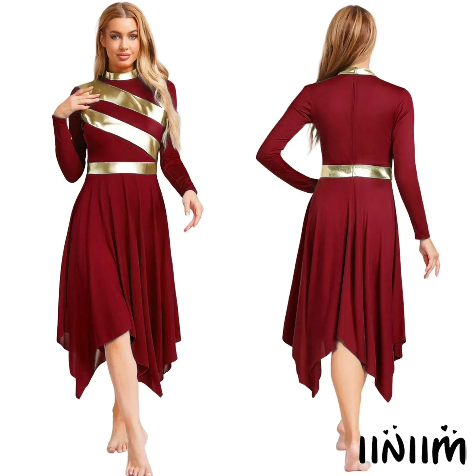 

Womens Liturgical Lyrical Metallic Patchwork Dance Performance‌ Tunic Dress Long Sleeve Irregular Hem for Worship Dance Wear