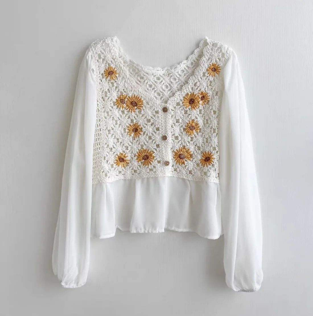 Crochet Top Chiffon Flower Embroidery Daisy Long Sleeve Button Front Fake Two-Piece Blouse Spring Summer Fairycore Cottagecore