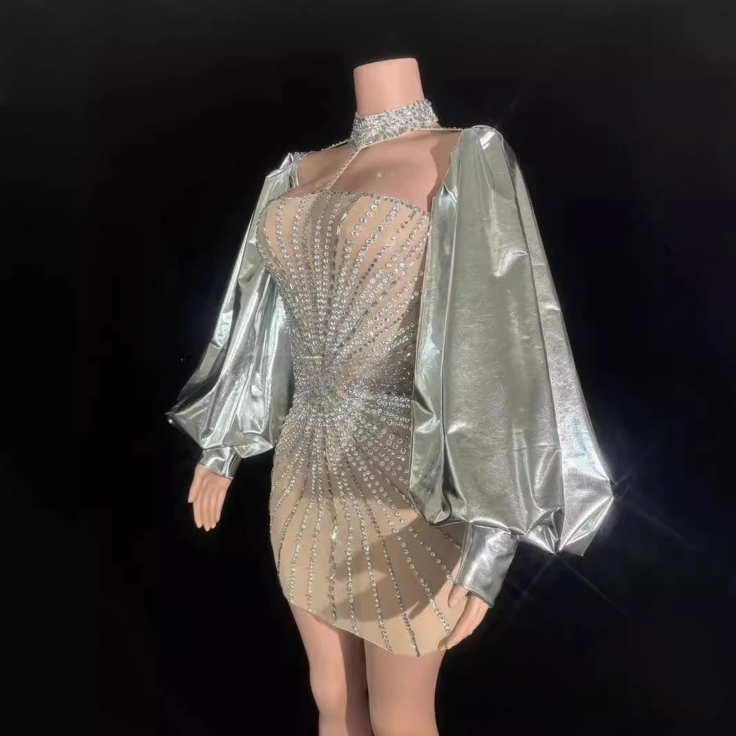 Abiti da spettacolo Collo Maniche a palloncino argento Abito da festa di moda Cos Abito da strada personalizzato Gruppo femminile che canta Abiti sexy