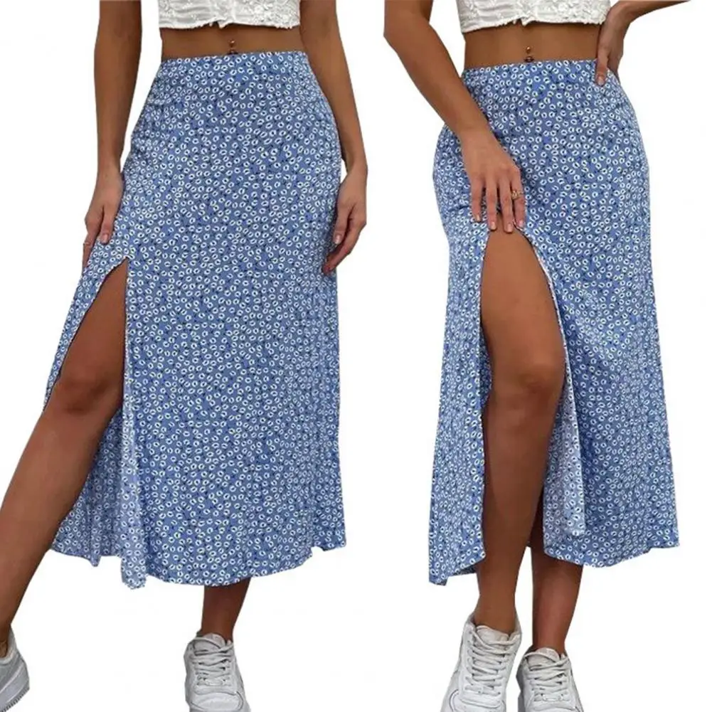 

Women Long Skirt Breathable High Split Mid Waisted Hip Wrap A Line Womenswear Swing Elegant Floral Print Ladies Summer Loose