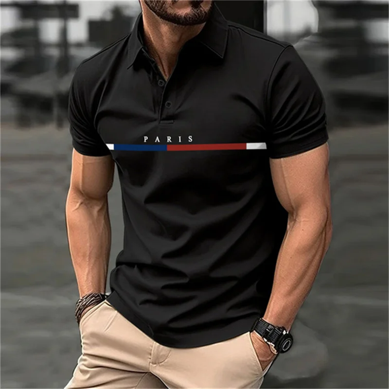 3D Printed Letter Men Polo T-shirt Fashionable Street Lapel Button Up Shirt Breathable and Comfortable Short Sleeve O-neck Top