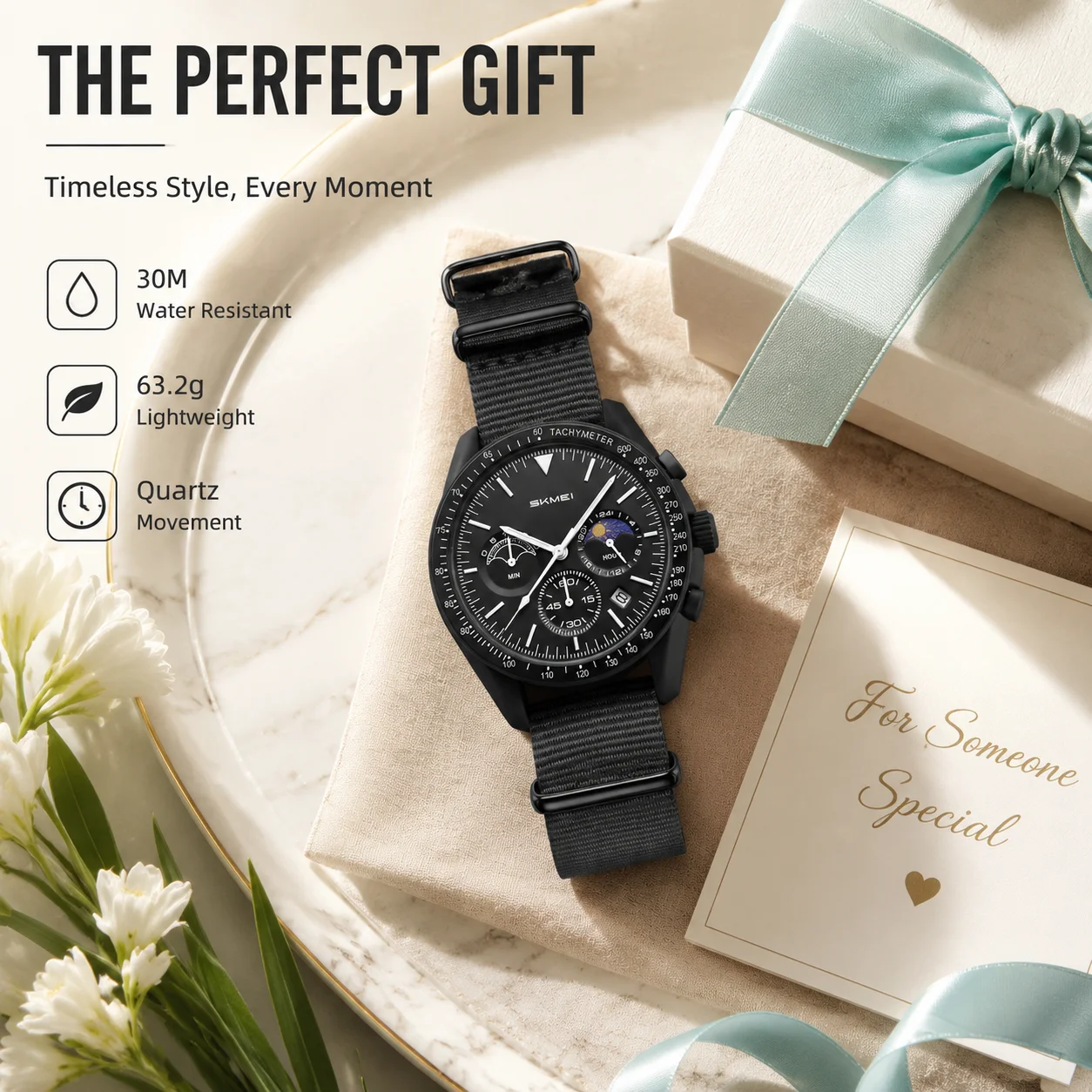 SKMEI 9392 Fashion Quartz Watches For Men Women 30M Waterproof Countdown Clock Nylon Strap Sub-dials Sun Moon Adjusted Casual view 6