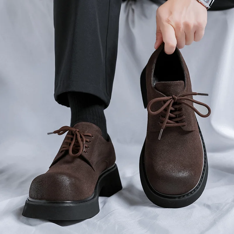 New Vintage British Men Cow Suede Shoes Spring Autumn Men Loafers Height Increasing Man Zapatos Hombre Dress Wedding Oxfords image 4