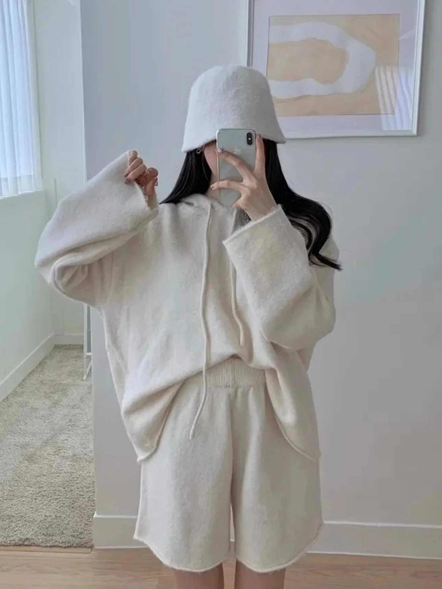 Ele Knitted Loose Cuffed Sweater Women's High Waist Casual orts Two Piece Set Commute Sle Long Sve Autumn Faion