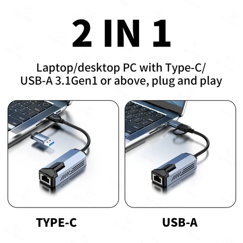 Imagen 2 del producto Tarjeta de red USB de 5000Mbps, adaptador con cable de alta velocidad de 5Gbps, concentrador convertidor Ethernet USB3.0 tipo C a RJ45 para MacBook Notebook y PC