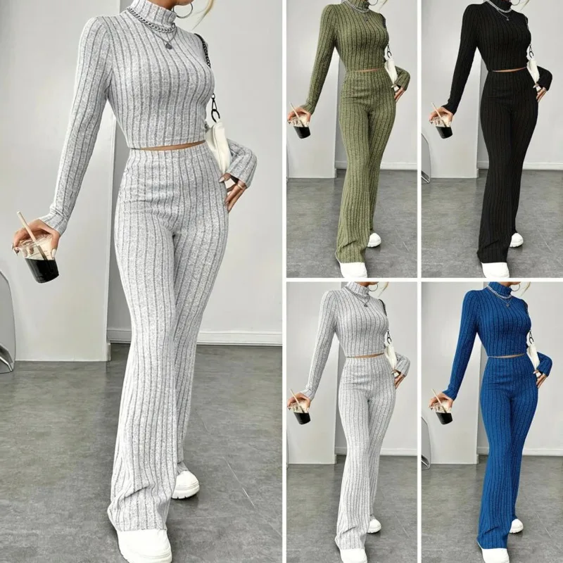 Elegent Knit Pullover Trouser Suit Women Slim Half High Collar Full Sleeve Top Solid Pant 2 Pcs Set 2025 New Lady Sport Outfit