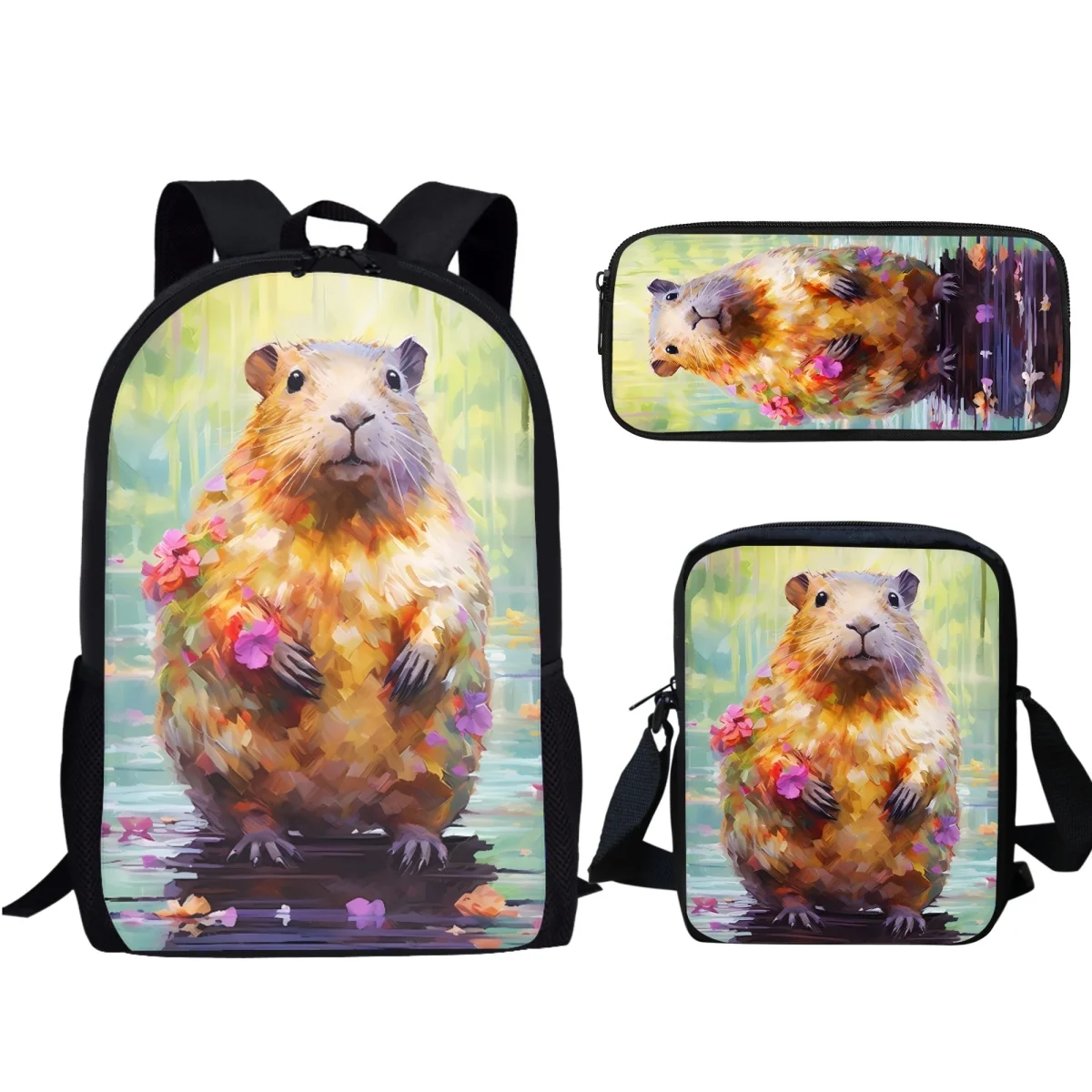 Animal Capybara Print School Bags para crianças, mochila de viagem, desenho animado, sacos para jardim de infância, presentes para meninos e meninas, moda, 3 pcs