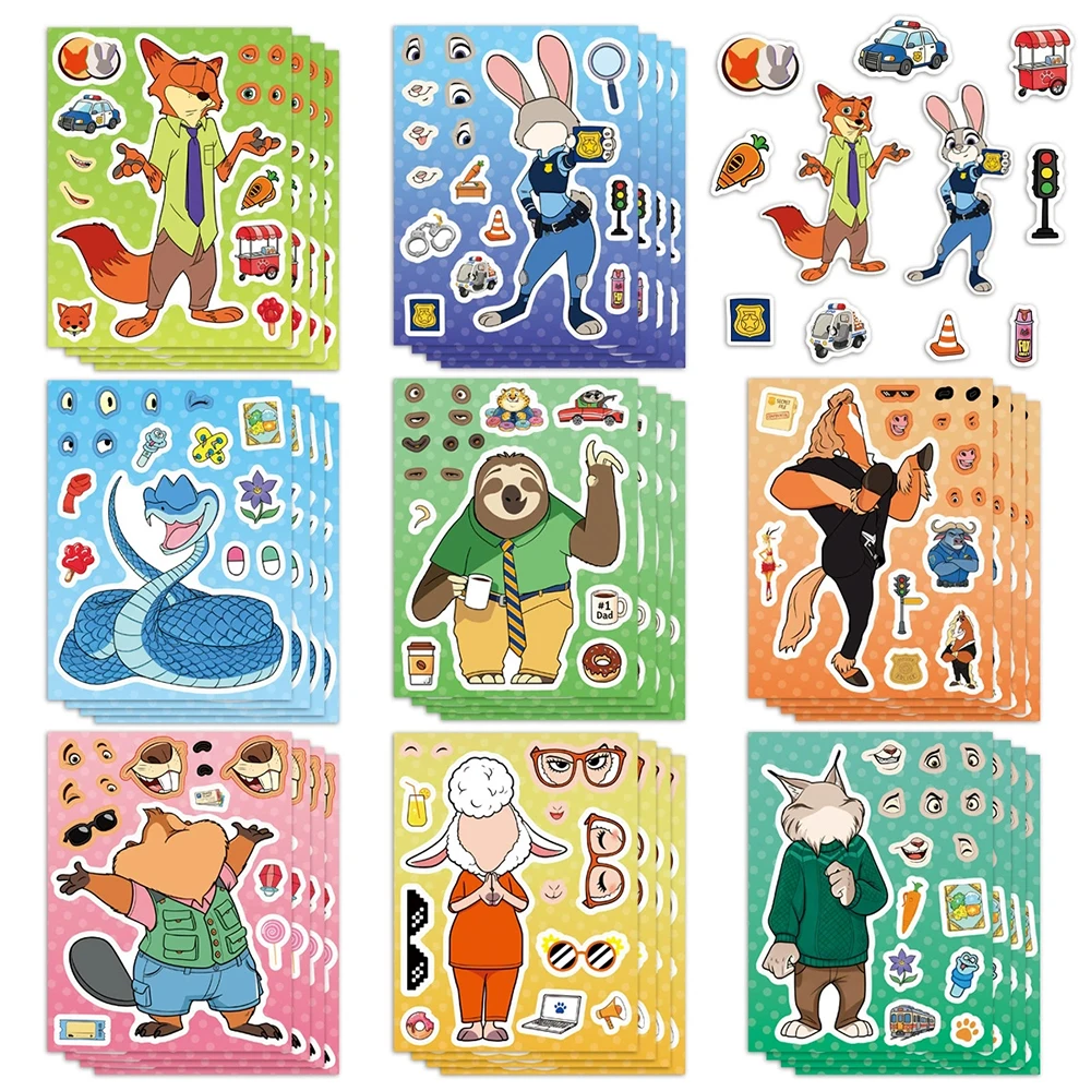 8/16sheets Disney Cute Zootopia 2 Cartoon Puzzle Stickers Make a Face DIY Funny Party Game Assemble Jigsaw Decals Decoration Toy