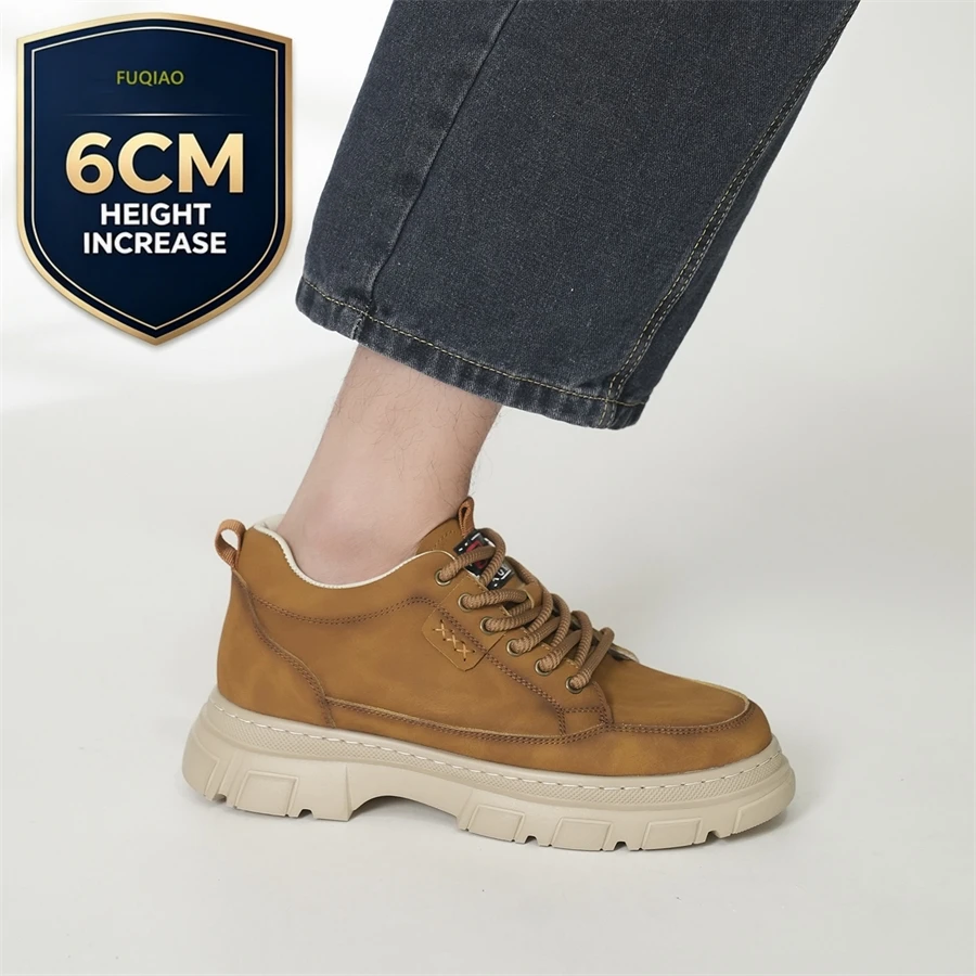 Retro Men Casual Elevator Shoes 6CM Invisible Height Increase Leather Shoes Chunky Sole Fashion Streetwear Daily Walking Footwea
