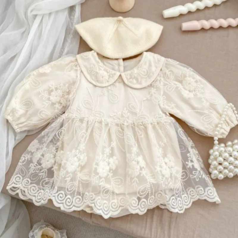 Newborn Baby Girl Cotton Princess Tulle Dress Romper Infant Long Sleeve Lace Embroidery Jumpsuit Autumn Birthday Clothes 3-18M